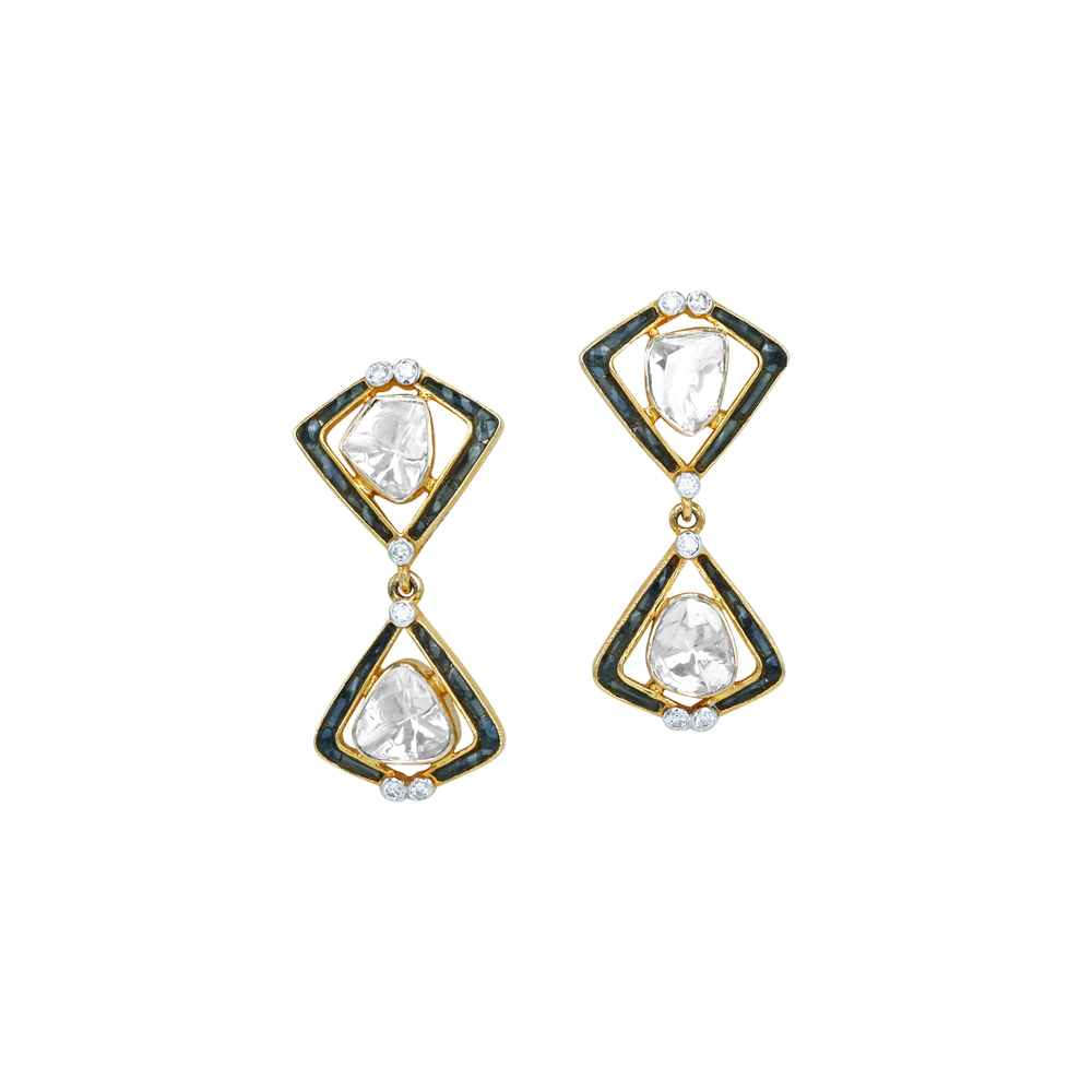 Geometric Polki Earrings with Black Talaf Accents